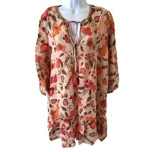 NWOT JOHNNY WAS TUNIC DRESS Peach FLORAL Print EMBROIDERED Size Small